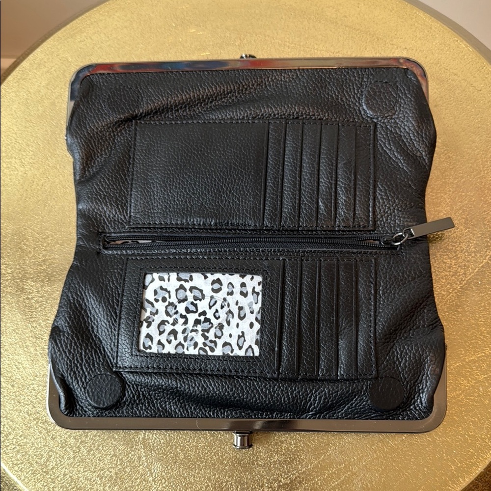 Black Leather Wallet with Leopard Print Detail
